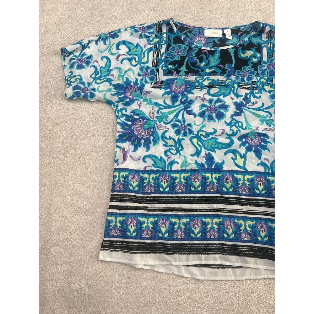 Chicos Womens Blue Floral Paisley Border Print Short Sleeve Blouse Size 1 M - Picture 5 of 7